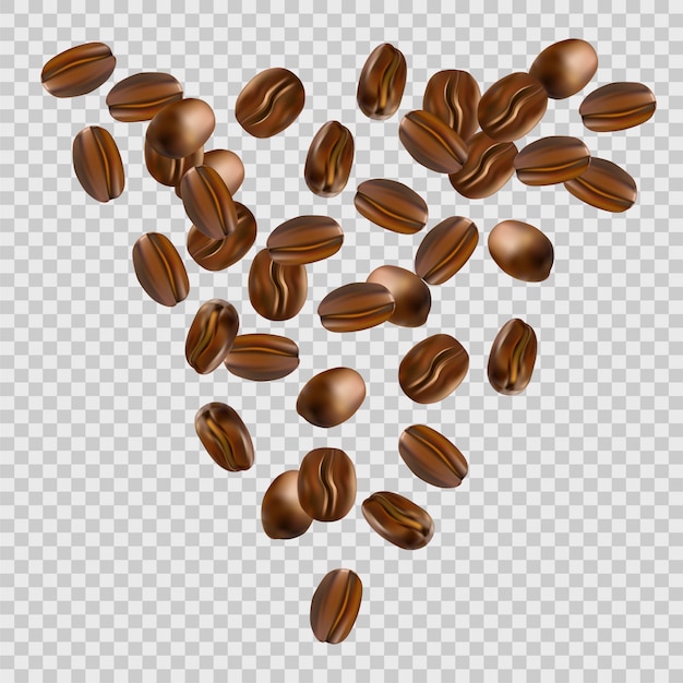 Falling coffee beans on transparent