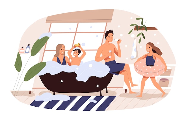 family having fun taking bath together vector flat illustration. mother, father and children blowing soap bubble, floating in foam, wearing lifebuoy isolated. parents and kids spending time at home.