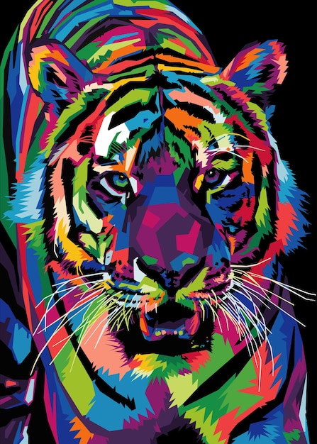 Fargerikt tigerhode i popkunststil isolert med svart bakgrunn