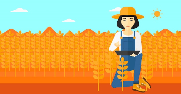 Farmer with tablet computer on field.