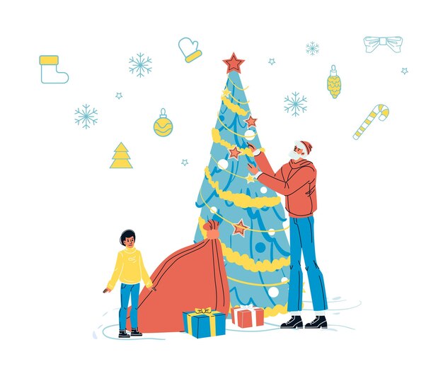 Father and son decorating Christmas fir tree with bauble. Happy family and merry xmas holidays