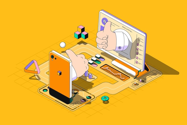 feedback concept 3d isometric outline web design clients leave high rating likes users comments