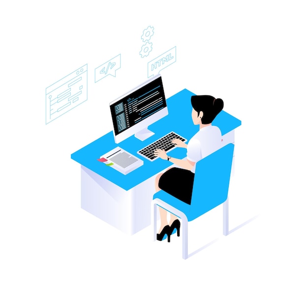 female programmer working on laptop coding and technology illustration