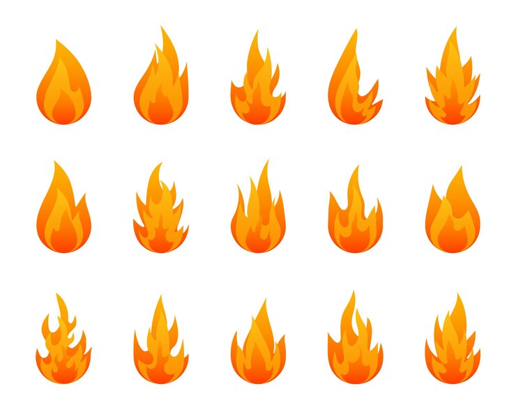Fiery flame icon set Orange fire vector icons Hot flaming elements