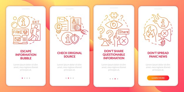 Fighting misinformation red gradient onboarding mobile app screen