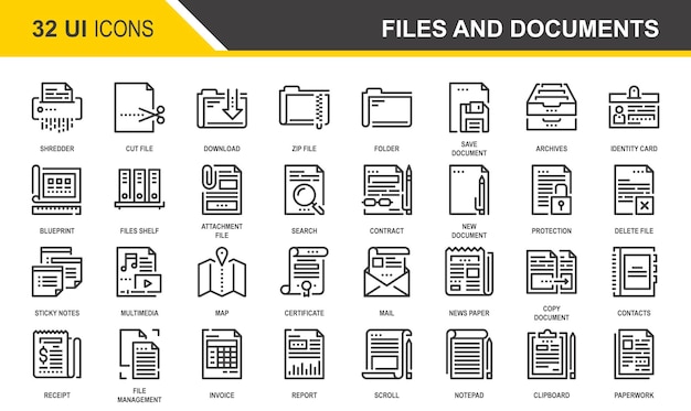 Files and documents flat line icons
