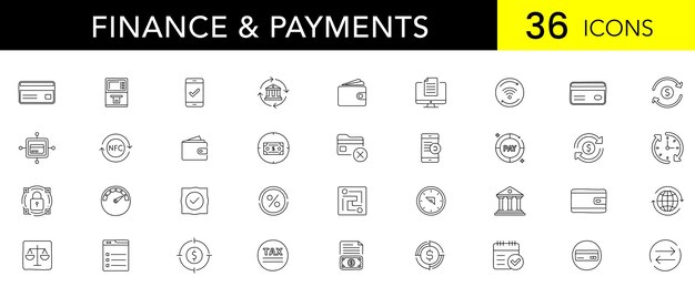 Finance and Payments Line Art Icon Set Minimal Outline Icons of Banking Digital Transactions