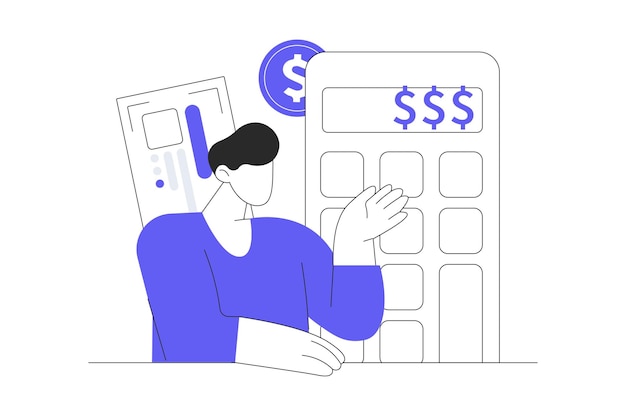 Finance concept with character Calculating financial income and expenses plan personal budget data