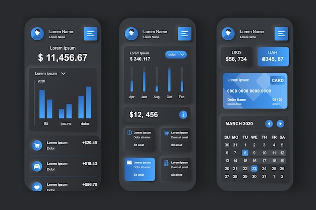 finance services concept neumorphic templates set financial data visualization ui ux gui screen