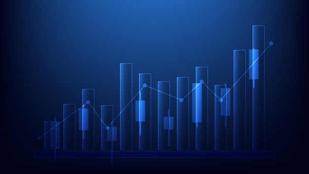 financial bar graph with candlesticks chart on blue background stock market and investment