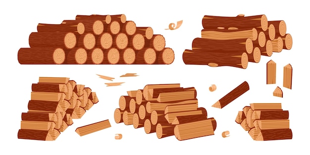 firewood wooden logs cartoon stacked bonfire firewoods bonfire wooden logs wood industry materials flat vector symbols illustration set