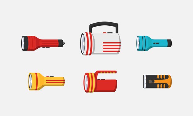 flashlight lighting with spotlight or flash. illustration set of flashing light lantern isolated on white background. flashlight of light flat set icon.