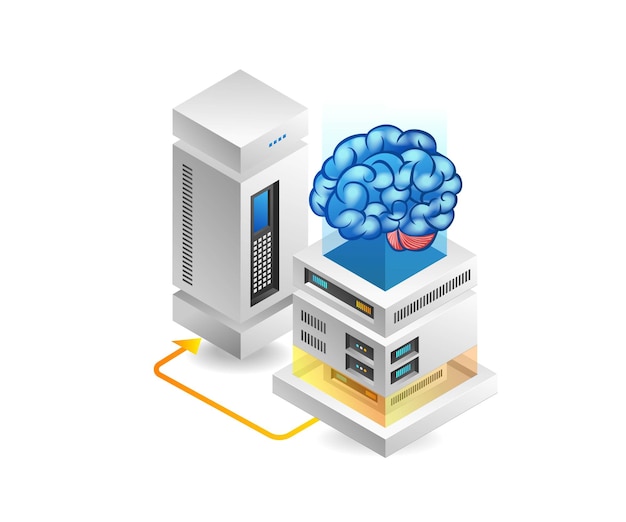 Flat 3d concept isometric illustration of artificial intelligence server data brain