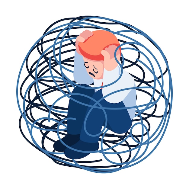 flat 3d isometric depressed businessman sitting inside tangled line business failure and mental health concept