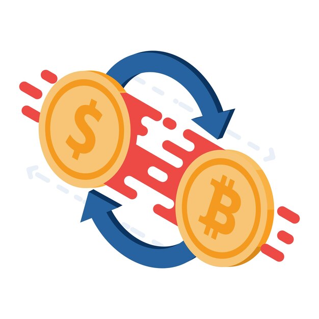 flat 3d isometric dollar coin and bitcoin exchange or swapping cryptocurrency exchange platform concept