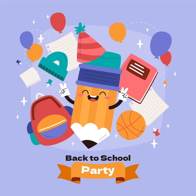 Flat back to school party illustration with school essentials