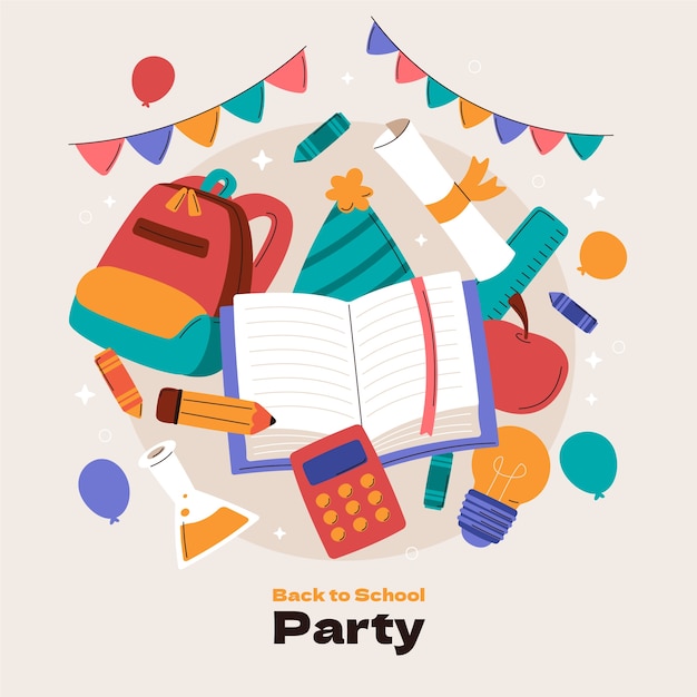 Flat back to school party illustration with school essentials