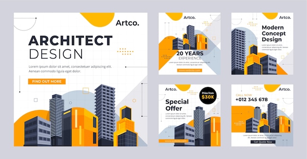 Flat design architecture project instagram posts