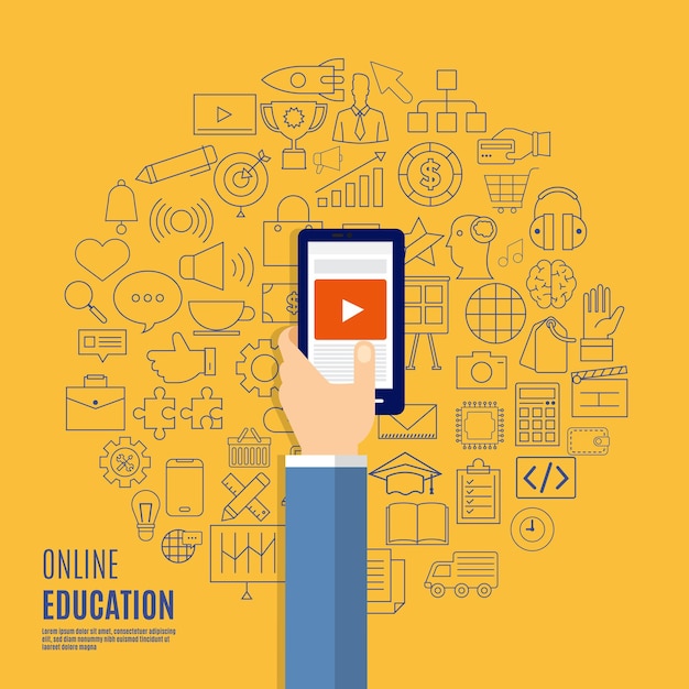 flat design concept on line educations present with icons and element of e-learning