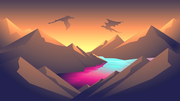 flat design landscape of rock mountain range and cliff with pink river with a dragon fighting
