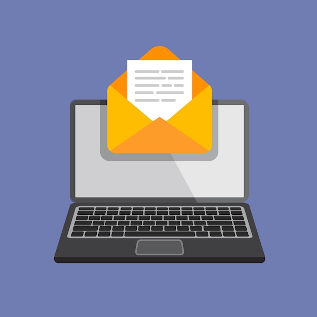 flat design of laptop with open envelope and document on screen.