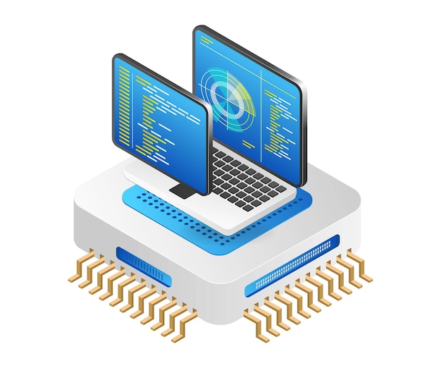 flat isometric 3d illustration concept of monitoring radar data chip program