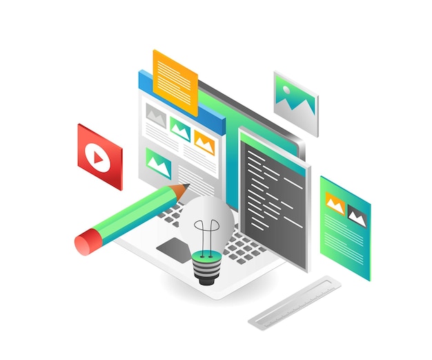 flat isometric illustration concept creative layout data portfolio and programmer