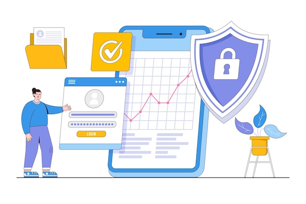 flat mobile device security with password concept outline design style minimal vector illustration