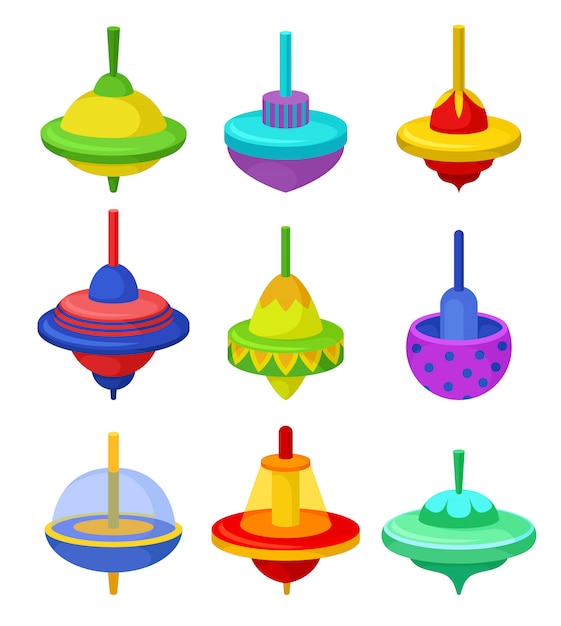 Flat set of colorful whirligigs. Classic children toy. Plastic spinning tops on white background
