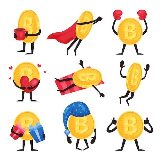 Flat   set of golden coins with arms and legs in different actions. Cartoon bitcoin characters with coffee cup, superhero cape, boxing gloves, heart, gift boxes, night hat