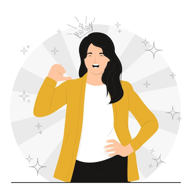 Flat vector confidence feeling proud smiling people pointing themself with fingers proud and happy