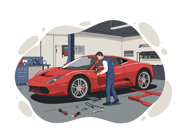 flat vector illustration of a professional car mechanic repairing a luxury red sports car