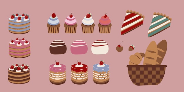 Flatstyle illustration of sweet desserts cakes cupcakes pastries and bread