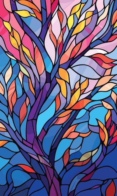 floral theme vector illustration in stained glass style with branches with berries and leaves on a blue sky background