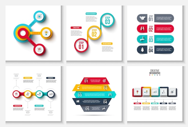 Flowcharts timeline diagrams with 3 4 and 5 steps Creative concept for infographic