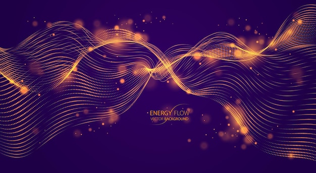 flowing energy particles, wave of blended dots over dark. curved dotted 3d lines vector illustration. 3d futuristic technology style with glowing shining effect.