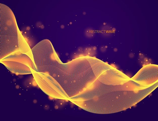 flowing energy particles, wave of blended dots over dark. curved dotted 3d lines vector illustration. 3d futuristic technology style with glowing shining effect.