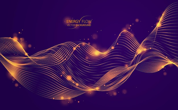 flowing energy particles, wave of blended dots over dark. curved dotted 3d lines vector illustration. 3d futuristic technology style with glowing shining effect.