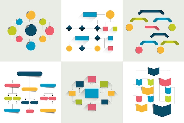 Flytskjemaer – Sett med 6 flytskjemaer, oppsett, diagrammer – enkelt farge redigerbare Infographics elementer