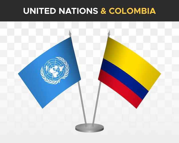 FN Forente Nasjoner mot Colombia bordflagg mockup isolert 3D-vektorillustrasjon bordflagg
