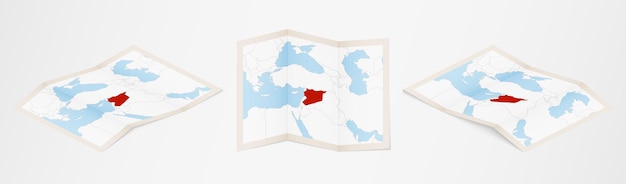 Folded map of Syria in three different versions.