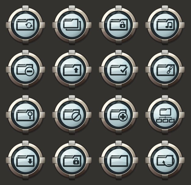 Folder vector icons in the stylish round buttons for mobile applications and web