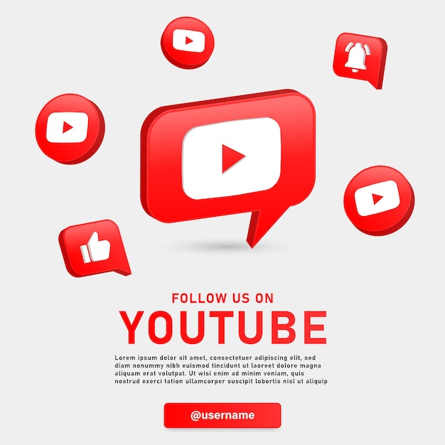 Følg oss på YouTube med 3D-logoer og reaksjonsikoner for varslingsinnlegg. Bli med oss på sosiale medier
