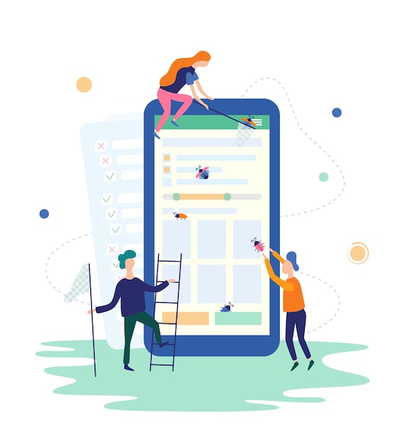 Folk som fanger bugs på mobilappen. IT-programvareapplikasjonstesting, kvalitetssikring