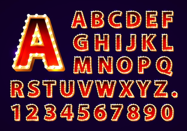 Font lamp symbol, gold letter and numbers set. Vector illustration