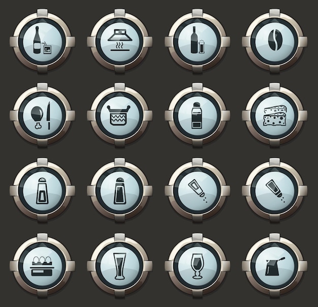 Food and kitchen vector icons in the stylish round buttons for mobile applications and web