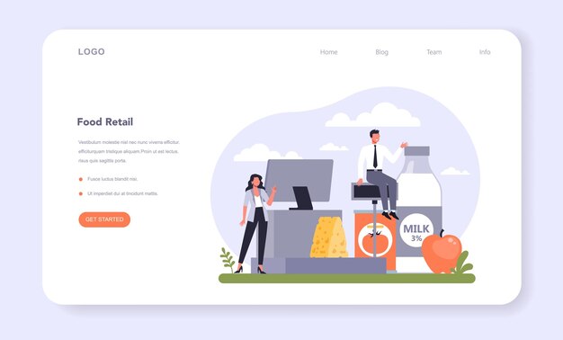 Food and staples retailing industry sector of the economy web banner or landing page. Grocery goods retailing, supermarkets and stores service. Food industry distribution. Flat vector illustration