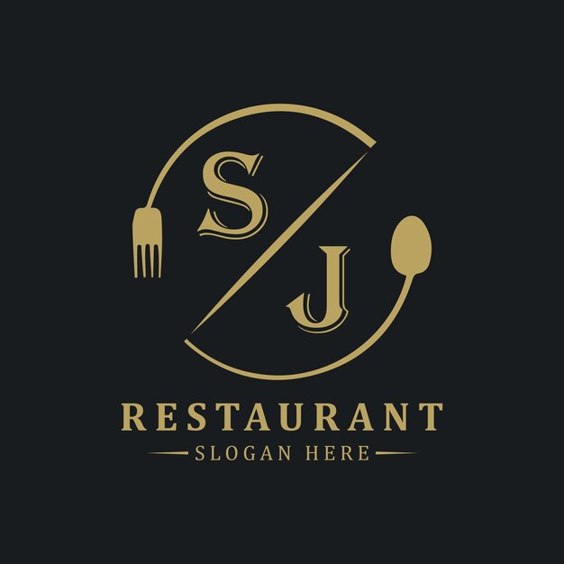 Første monogram logo med restaurant Circle shape logodesign