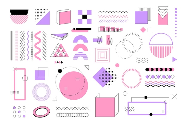 frame geometry simple retro decoration line pink and purple title label icon box pop modern diagram infographic border ornament memphis vector design garish isolated element set