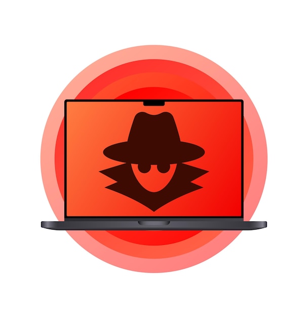 Fraudster on laptop screen Flat red scammer on the screen spam on the Internet be careful scam Vector icon
